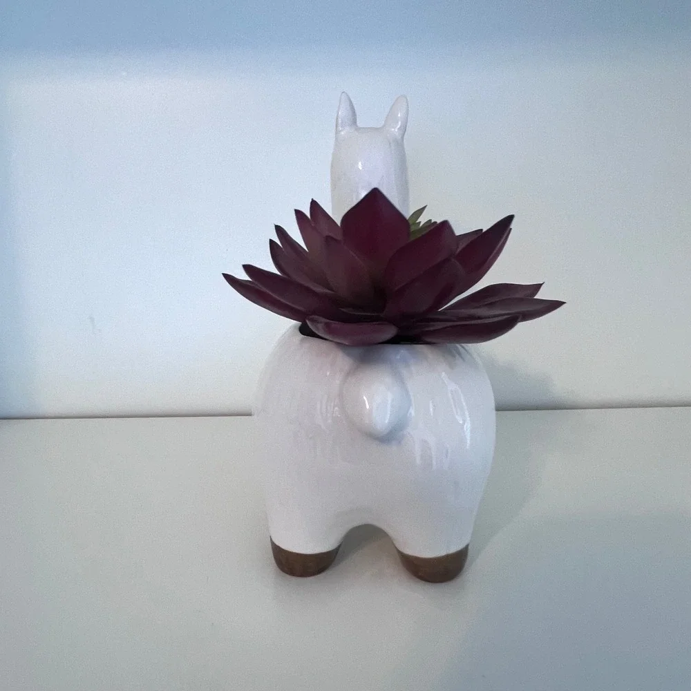 Primitives by Kathy White Ceramic Llama Planter with Faux Burgundy Succulent‎
